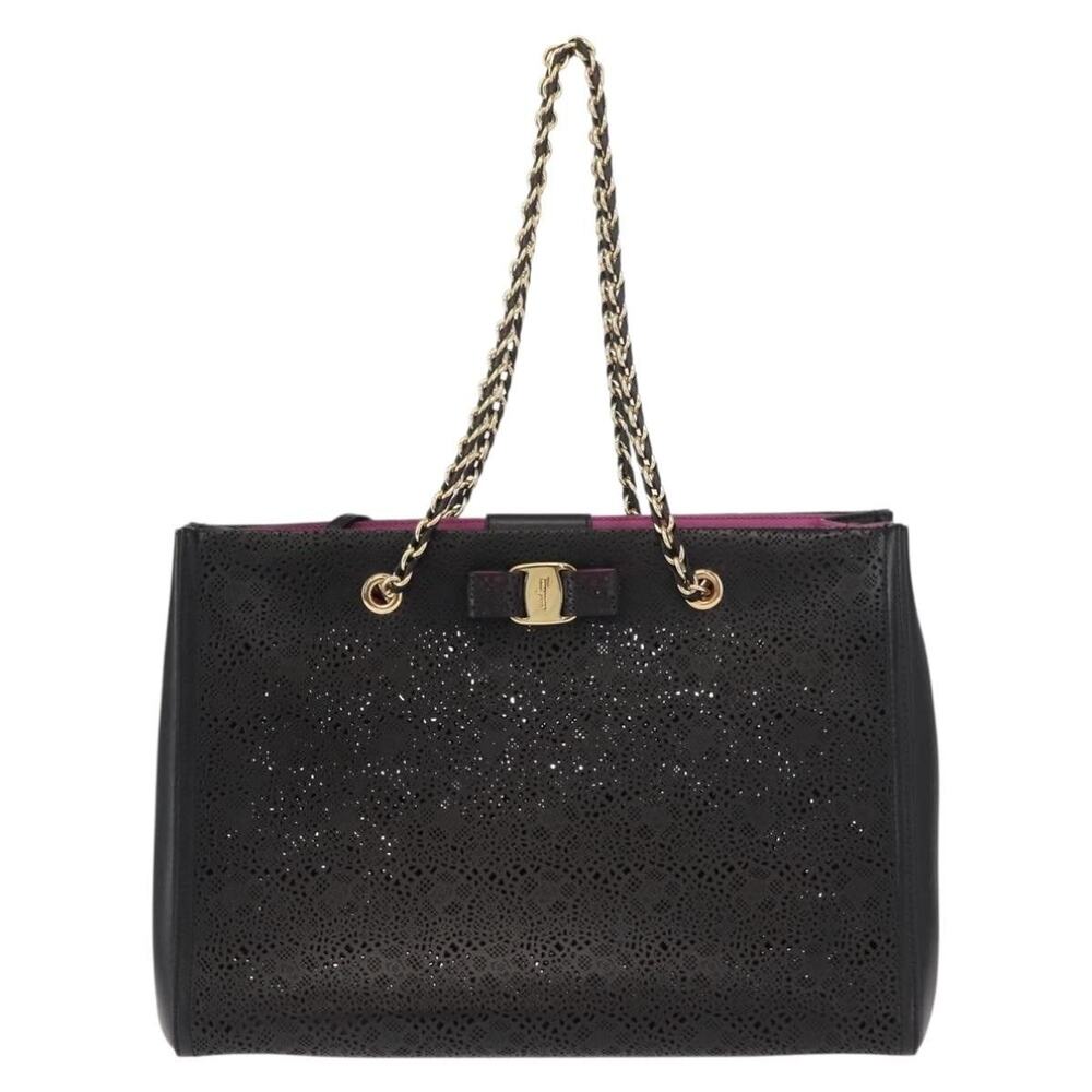 Salvatore Ferragamo Leather Vara Chain Tote Bag Black